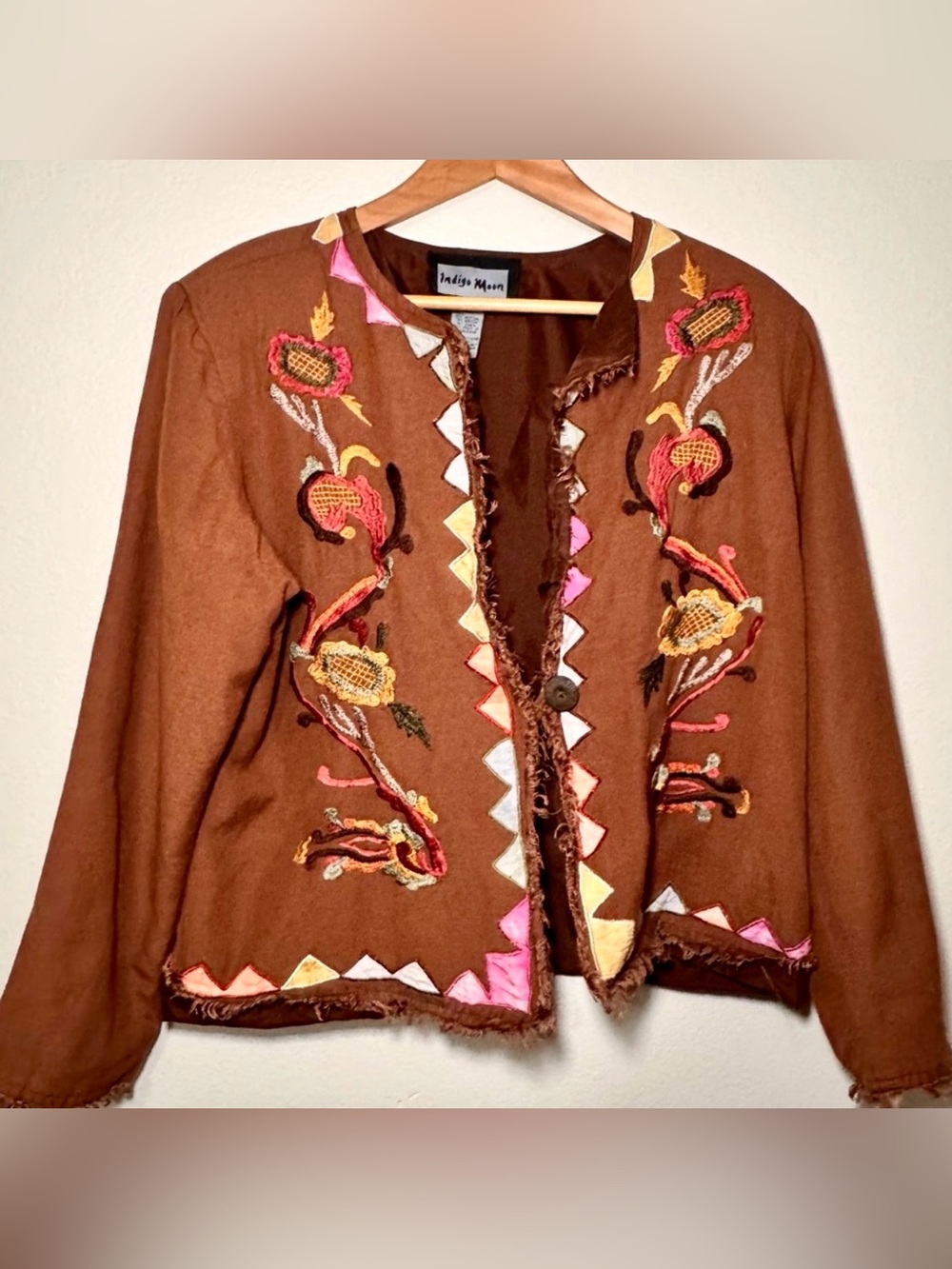 Indigo Moon Boho Embroidered Floral Jacket Brown Open Front Size Large
